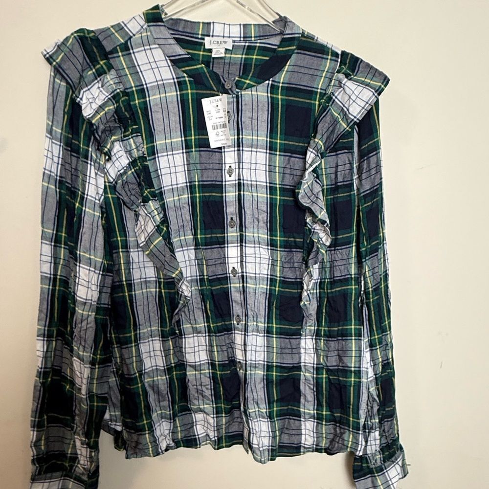 J Crew Plaid Ruffle Button Front Shirt Top BL726 XL 2022 Green White Holiday
